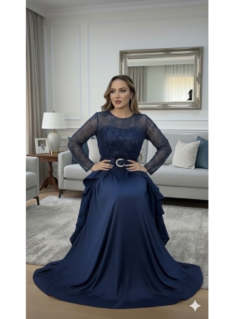 FULL JOY Elegant Maxi Dress with Sheer Lace Bodice, Long Sleeves And  Waist Belt,Fashion Dress. - Image 4